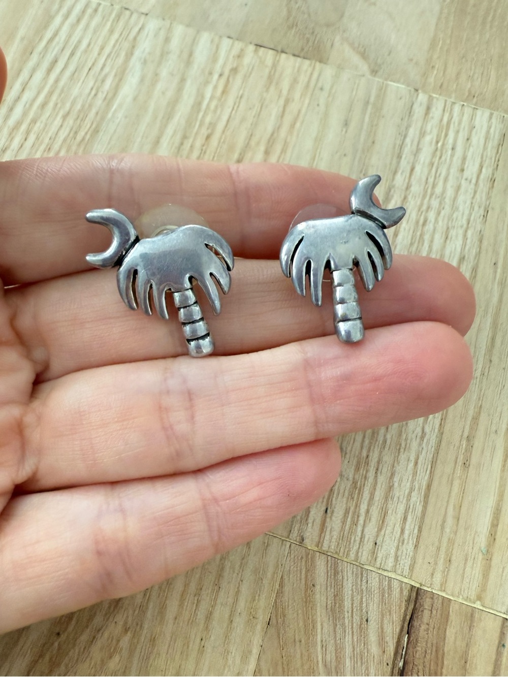 Vintage MJ silver tone South Carolina palmetto moon earrings on posts